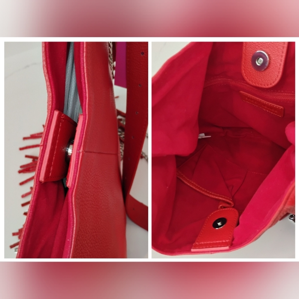 NWT Sassy Jones Leather Bag - Red Dina Pebbled Leather Fringe Crossbody Hobo - Picture 9 of 13